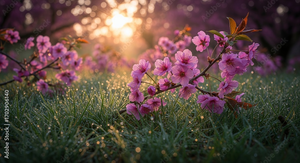 Obraz premium Sunrise Blossoms Dew-Kissed Flowers in Morning Light