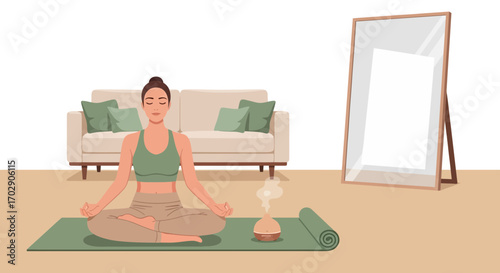 Serene woman practicing meditation in her living room with essential oil diffuser