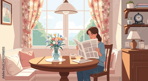 A serene morning scene: Woman reads newspaper at sunlit table near window and flowers