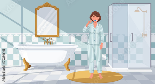Woman in striped pajamas brushing her teeth in a clean and well-lit bathroom scene