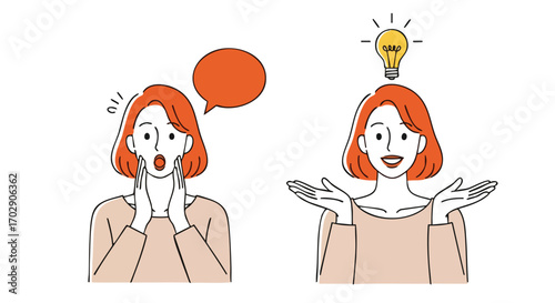 Woman expresses shock then brilliant idea emerges with lightbulb symbol and speech bubble