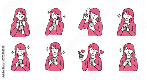 Diverse Expressions Woman Interacting with Her Mobile Phone - Vector Set