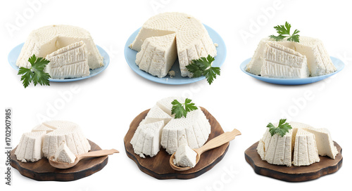 Quadro su tela Delicious ricotta cheese isolated on white, collage