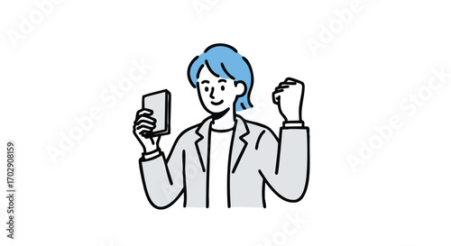 Empowered Woman Holding Phone with Victory Gesture, Digital Success