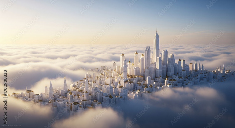 Obraz premium Aerial View of a Futuristic City Above the Clouds Dreamlike Metropolis Skyline, Sunrise