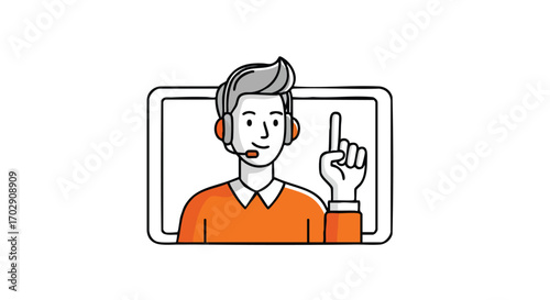 Friendly support agent with headset pointing upwards offering helpful advice and solutions