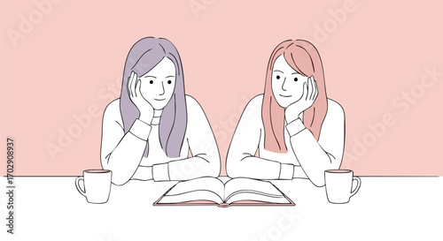 Two young women happily sharing a book and coffee, enjoying a cozy, relaxed moment together.
