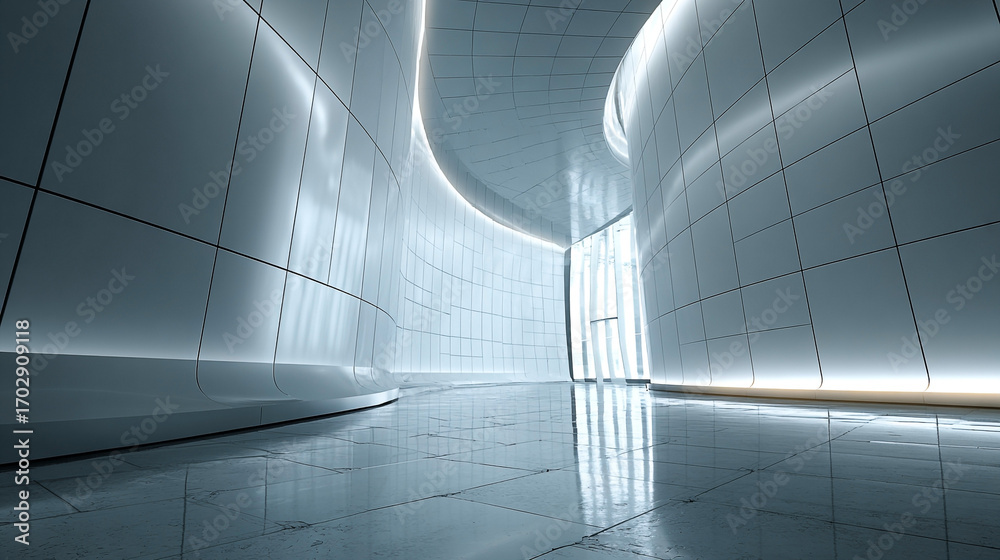 Fototapeta premium White tiled wall reflects light, creates a modern look. Ideal backdrop for office spaces, Zoom virtual meetings, and corporate branding.