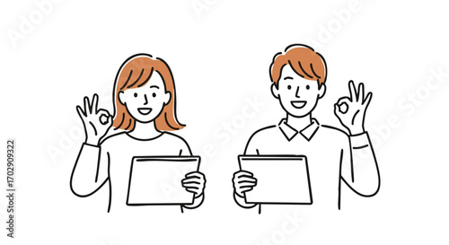 Confident professionals giving OK gesture and holding tablets for successful project approval