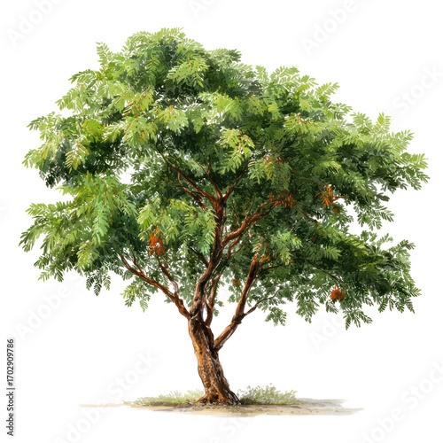 Tamarind tree with detailed leaflets and strong trunk isolated