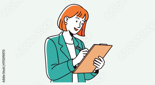 Professional businesswoman diligently taking notes on a clipboard, focused and organized for success