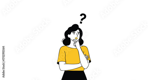 Confused woman with question mark above head needs answers, perfect for problem solving and solution concepts