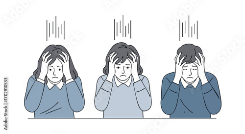 Feeling overwhelmed by stress? Three people show frustration with hands on their heads in a moment of anxiety