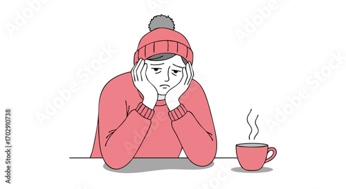 Feeling down and needing comfort? Warm drink helps a sad person in winter wear get through tough times