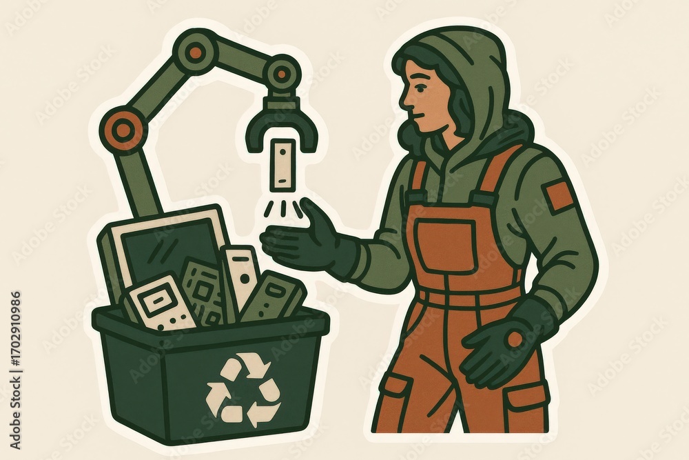 Obraz premium Innovative recycling process illustrated through a digital artist depicting a focused worker engaging with robot technology for electronic waste management emphasizing sustainability and