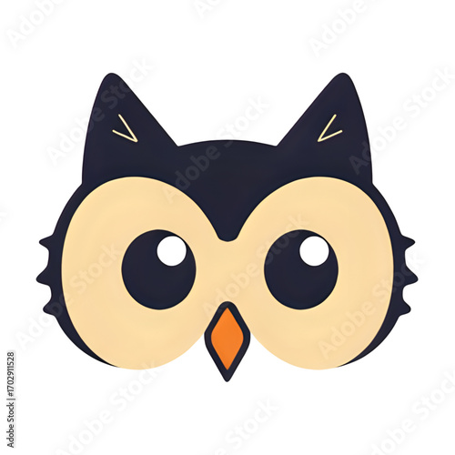 Black vector cartoon character image of owl head, cute domestic with pleasant smile