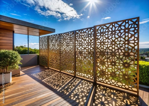 Modern Geometric Privacy Screen on Sunny Terrace - Architectural Outdoor Divider
