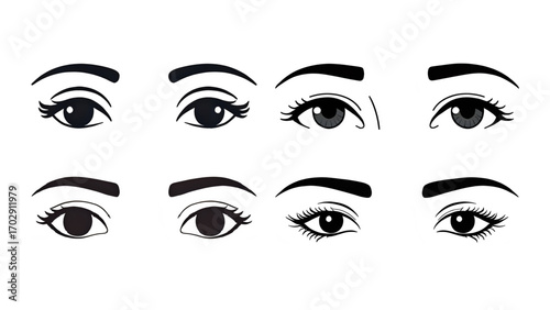 Close up of a woman's face with a cartoon set of eyes and a beautiful fashion illustration of eyebrows, lashes, and brown irises