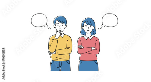 Couple thoughtfully contemplating important decisions together with blank speech bubbles above