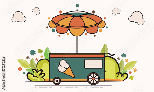 Hand Push Wheels Truck with Umbrella Mini Stall Cream and Green Garden Landscape Vector Illustration