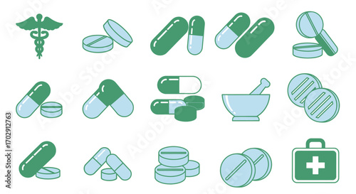 Vector Illustration of Assorted Pills and Capsules in Grid Layout Representing Pharmaceutical Diversity