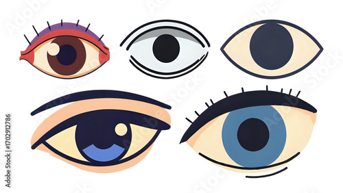 Vector illustration set of woman's cartoon eyes with long eyelashes, a design symbol for beauty and fashion