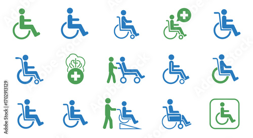 Vector Set of Accessibility Icons Featuring Wheelchair Users, Assistance, Medical Symbols, and Ramp Access