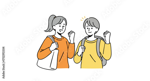 Two excited young people celebrating success with fists pumped, ready for adventure
