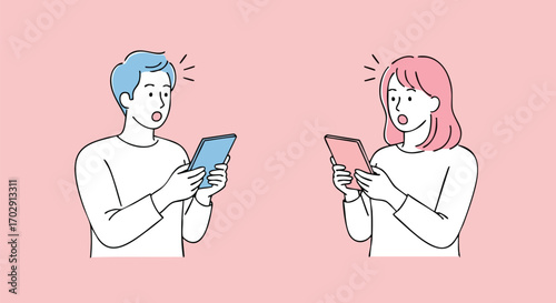 Couple shocked by news on their phones with open mouths looking surprised and excited feeling the buzz