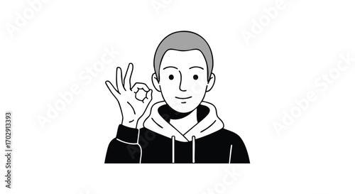 Young man gives a confident okay gesture with a smile, perfect for positive feedback