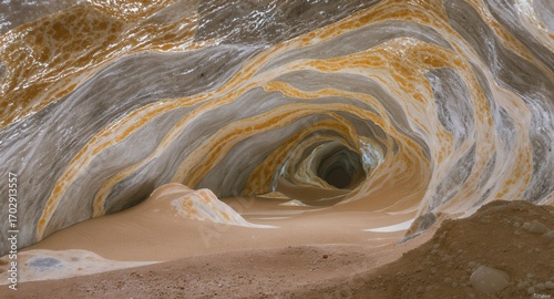 Striking Swirling Cave Interior with Sandy Floor, Abstract Rock Formation, Geological Texture