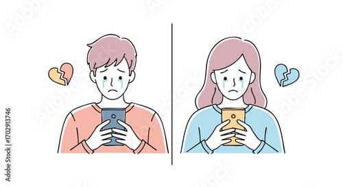 Heartbroken couple cries over phones showing digital breakup and loneliness in modern relationships