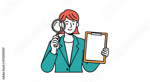 Professional woman examining document with magnifying glass, ready for business analysis