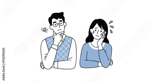 Worried couple pondering difficult decision together, expressing confusion and concern in a thoughtful pose