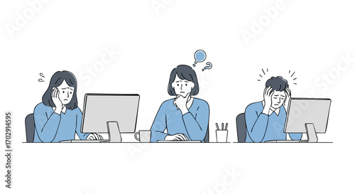 Struggling coworkers feeling overwhelmed and confused while working on computers in an office setting