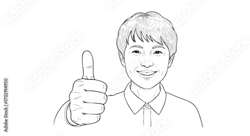 Confident person gives thumbs up, smiling broadly, conveying approval and positivity for success.