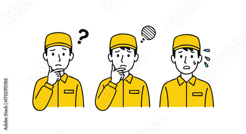 Confused worker pondering solutions with sweat and question marks, seeking answers