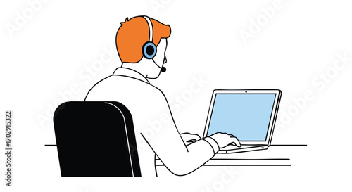 Dedicated professional wearing headset actively typing on laptop for excellent customer support