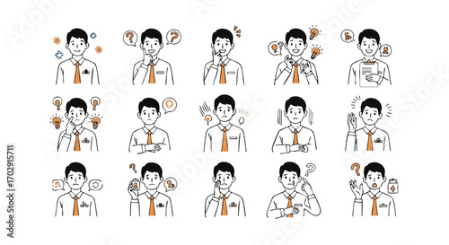 Diverse business person emotions and ideas captured in illustrative icons for professional use