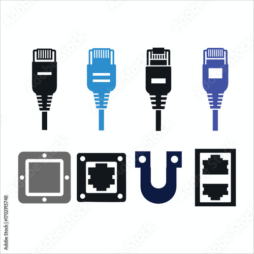 Set of R J45 Connectors and Network Ports Icons in Blue and Black RJ45 Ethernet