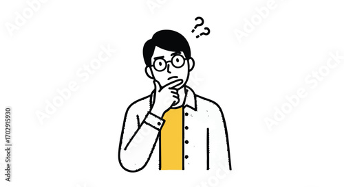Man in glasses thoughtfully pondering with question marks above his head