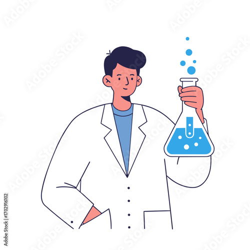 Scientist and Lab Flask: A dedicated scientist in a pristine lab coat, observes and analyzes a flask filled with bubbling liquid in a science-themed artwork.