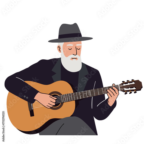 Serene Melody: An elderly gentleman in a stylish hat plays an acoustic guitar with soulful concentration, serenading the world with his music. 