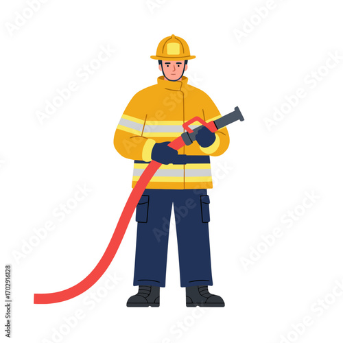 Brave Protector: A stoic firefighter, clad in vibrant protective gear, stands ready with a fire hose. He embodies courage, preparedness, and dedication in this stoic illustration.