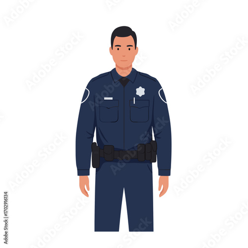 Police Officer Portrait: A stoic police officer stands in full uniform, embodying authority and a commitment to protecting the community in a detailed, clean illustration.