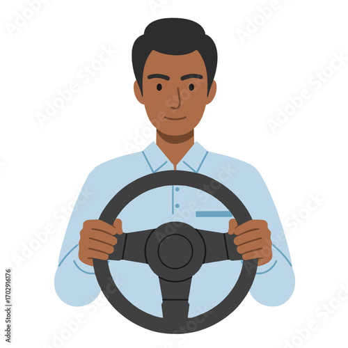 Confident Driver: A man confidently grips the steering wheel, his focused expression and poised posture embodying the essence of control and reliability. 