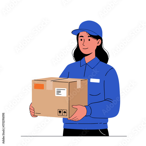 Package Delivery Portrait: A cheerful delivery person stands with a parcel, a symbol of reliable and efficient service, conveying professionalism and trustworthiness.