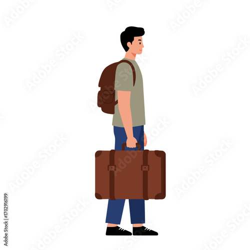 The Traveler: A lone figure, with a backpack and a vintage suitcase in hand, stands ready for the next adventure, embodying the spirit of wanderlust and self-discovery.