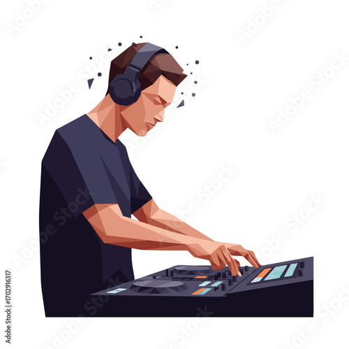 Digital Audio Maestro: An artistic, vector illustration of a young man immersed in music production, expertly manipulating a digital audio workstation (DAW) with precision.