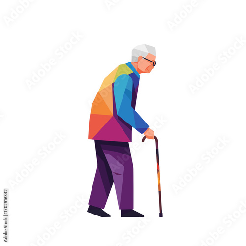 Elderly Man with Walking Stick: A dignified elderly man walks, gracefully leaning on a walking stick, showcasing a colorful, artistic interpretation, representing life's journey and resilience. 